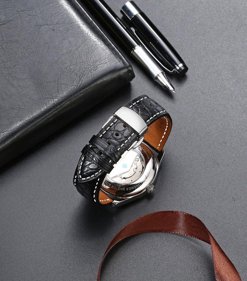 MORANO Moran Genuine Leather Band Alligator and Cowhide Replacement Deployment Buckle Watch strap18mm to 24mm Crocodile Leather Strap for Men's and Women's 21mm Alligator Black White Line-Silver Buckle - Image 2